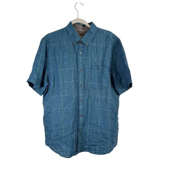 32 Bar Blues Blue Plaid 100% Linen Short Sleeve Button Down Shirt Mens Large - Picture 1 of 5